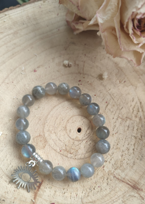 Bracelet Labradorite bleue, pendentif métal oeil protection